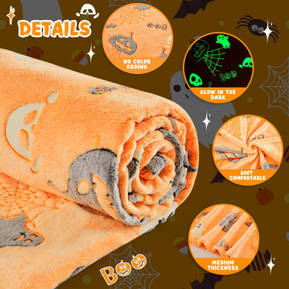 inhand Halloween Blanket Gifts Glow in The Dark Blanket and Toys for Kids Spider Webs Pumpkin Ghost Spooky Plush Soft Halloween Decorations Throw Blanket for Kids to Party Sofa Bed Living Room 50"X60"