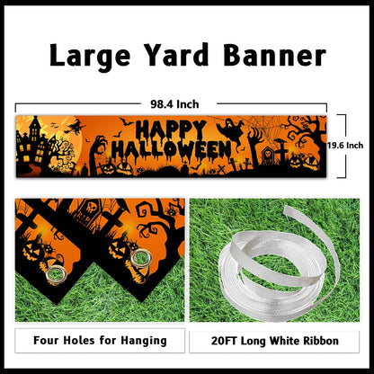 Avezano Happy Halloween Banner Large 98.4 x19.6 Inch Yard Sign Banner Black and Orange Halloween Party Decorations Welcome Hanging Flag Outdoor Fence Garage Garden Porch Holiday Backdrop
