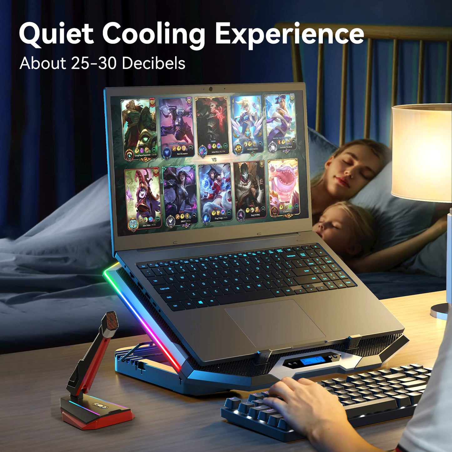 ICE COOREL Gaming Laptop Cooling Pad with 8 Cooling Fans, Laptop Fan Cooler Pad for 15-17.3 Inch, Notebook Cooler Stand with 6 Height Adjustable, RGB Cooling Pad with Two USB Port + Phone Stand