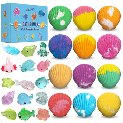 Bath Bombs for Kids with Surprise Toys Inside, 12 Pack Shell Kids Bath Bombs Gift Set for Girls Boys Birthday, Easter, Christmas, Halloween, Handmade Organic Bath Fizzy Bomb with Sea Animal for Child