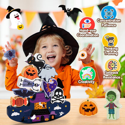 IPOURUP Halloween Toys for Kids 3-10 Kids Wooden Stacking Blocks Toy Birthday Gifts for 4 5 6 7 8 9 Year Old Boys Girls Toy Kid Balance Competition Games for Ages 5-7 Party Favors Boo Basket Stuffers