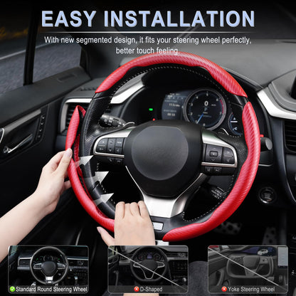 Amiss 3pcs Carbon Fiber Anti-Skid Steering Wheel Cover, Segmented & Butterfly Design, Universal 99% Car Wheel Cover Protector, Red