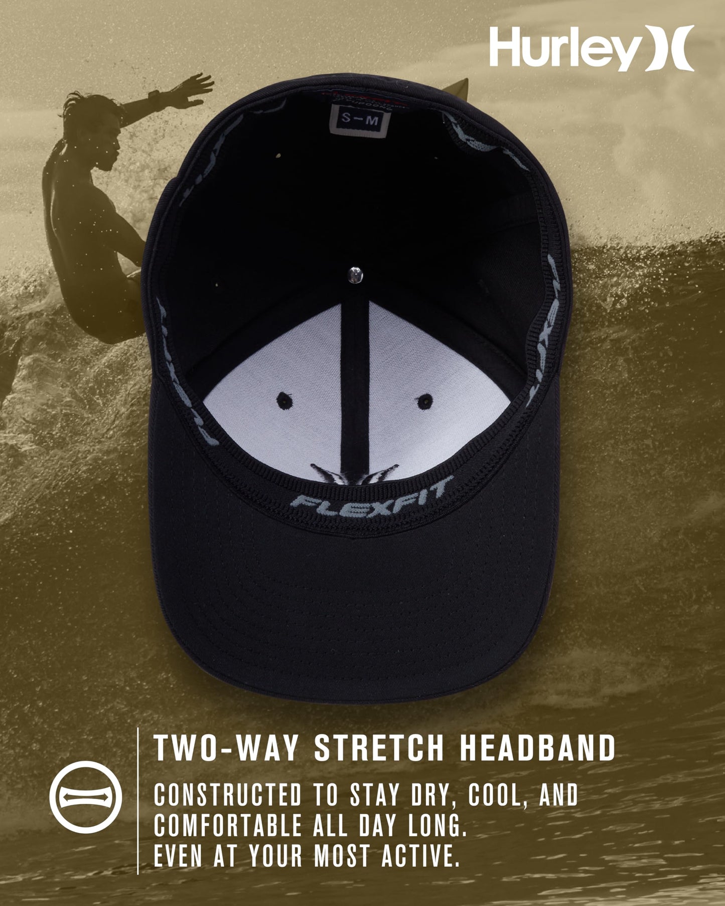 Hurley Mens Baseball Cap - Flexfit Fitted Baseball Caps for Men (Sizes: S-XL), Size Large-X-Large, Black/(Black)