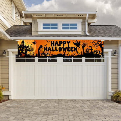 Avezano Happy Halloween Banner Large 98.4 x19.6 Inch Yard Sign Banner Black and Orange Halloween Party Decorations Welcome Hanging Flag Outdoor Fence Garage Garden Porch Holiday Backdrop