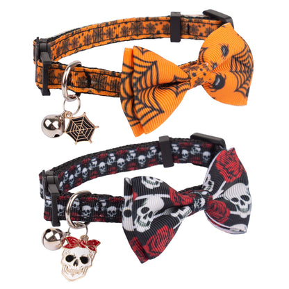 ADOGGYGO Halloween Cat Collars with Bow Bell, Breakaway Kitten Bowtie Collar Spider Web Skull Halloween Collars for Girl Boy Cats Kittens