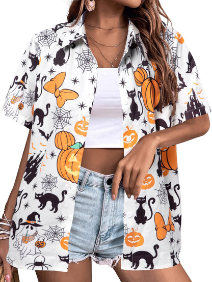 Womens Halloween Hawaiian Shirt Cute Pumpkin Spooky Castle Graphic Tee Magical Halloween Short Sleeve Button Up Tops