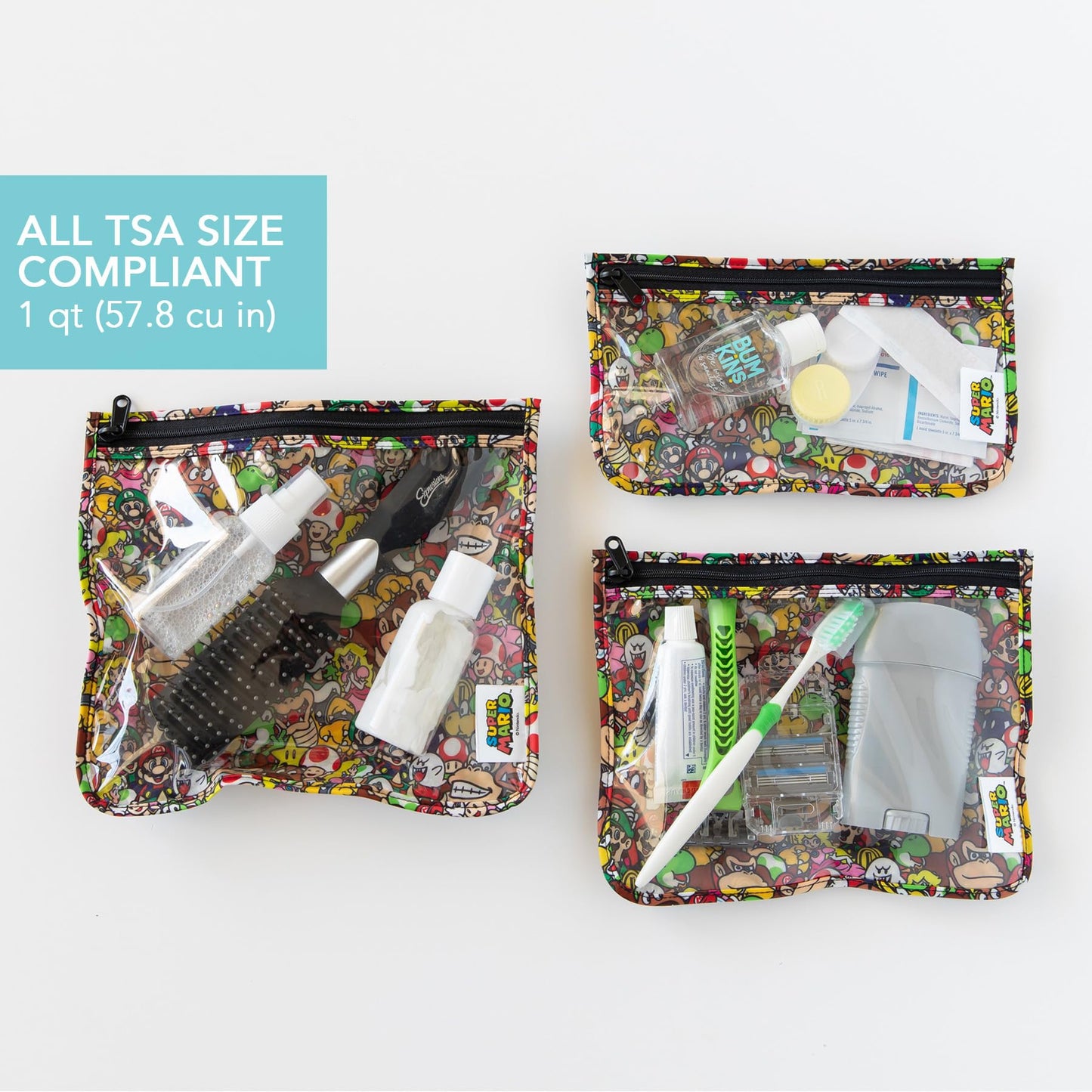 Bumkins Travel Bag, Toiletry, TSA Approved Pouch, Zip Bag, Quart Size Airline Compliant, Clear-Sided, Baby, Diaper Bag Organization, Makeup, Accessories, Packing, Set of 3 Sizes, Nintendo Super Mario