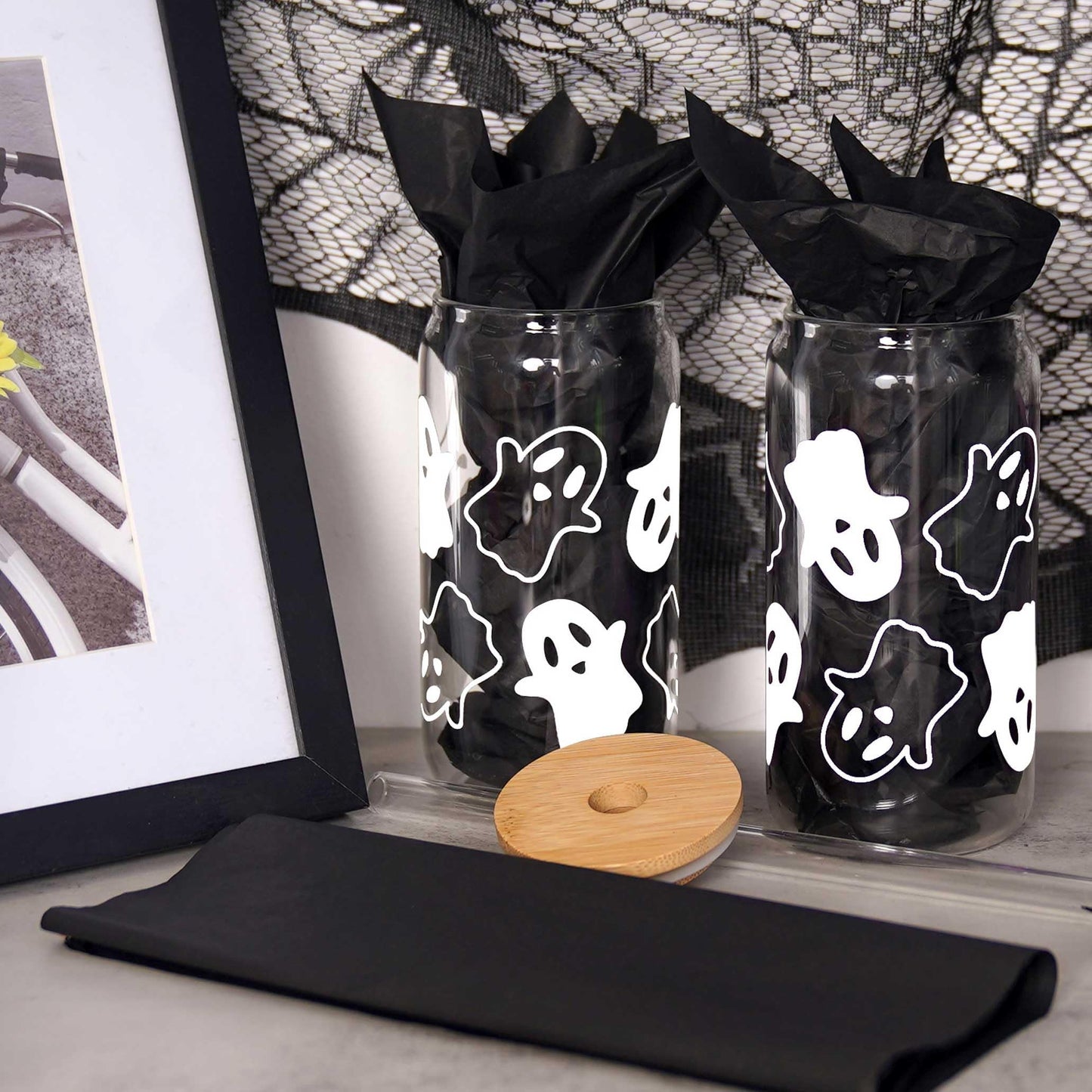 ANOTION Halloween Mugs - 18oz Halloween Ghost Decorations Glass Cups Tumbler for Iced Coffee, Glassware Cookie Jar Decor Gift Drinking Water Bottles