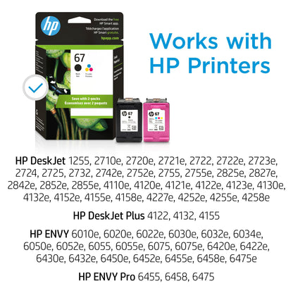 HP 67 Black/Tri-color Ink Cartridges for HP Printers | Works with Printer Series: DeskJet 1255, 2700, 4100; ENVY 6000, 6400 | Eligible for Instant Ink | 3YP29AN
