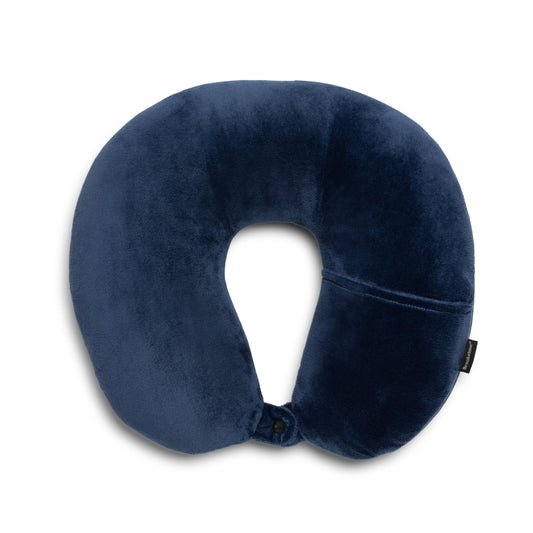 Brookstone Microbead Travel Head and Neck Pillow Lightweight and Plush with Phone or Headphone Pocket, Blue