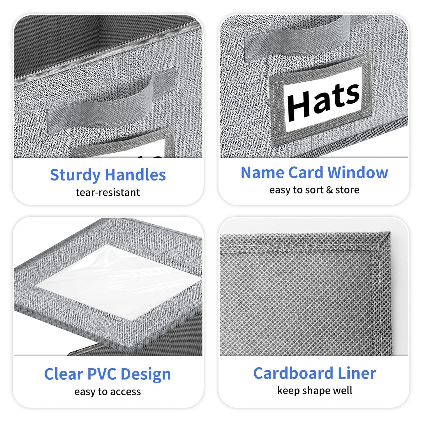 Hat Organizer for Baseball Caps - 2PCS Stackable Cap Storage with Clear Lid, Drawer & Flip-Top Access, Space-Saving Hats Box for Closet, Breathable Fabric, Grey