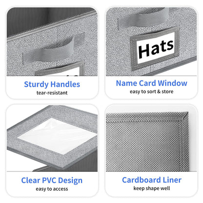Hat Organizer for Baseball Caps - 2PCS Stackable Cap Storage with Clear Lid, Drawer & Flip-Top Access, Space-Saving Hats Box for Closet, Breathable Fabric, Grey