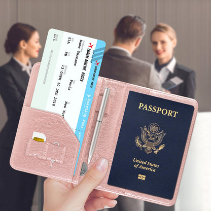 ACdream RFID BLOCKING Passport Holder Travel Wallet, Premium PU Leather Cover Passport Book with Card Holder, Pen Holder, Keep Organization, and Travel Essentials for Women and Men, Rose Gold