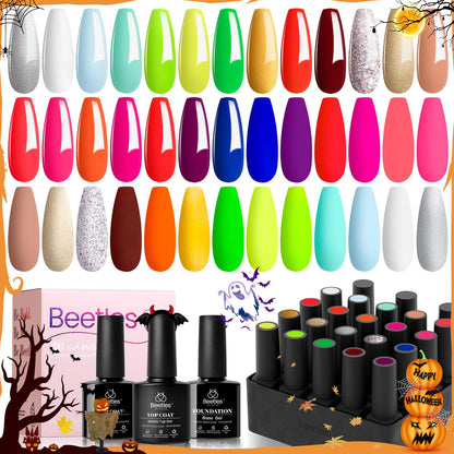 Beetles Gel Polish Set, Halloween Neon Kit 20 Colors Gel Nail Polish with 3Pcs Base Gel Top Coat Hot Pink Orange Blue Magenta Lemon Green Colors Soak Off UV Manicure Rainbow Nail