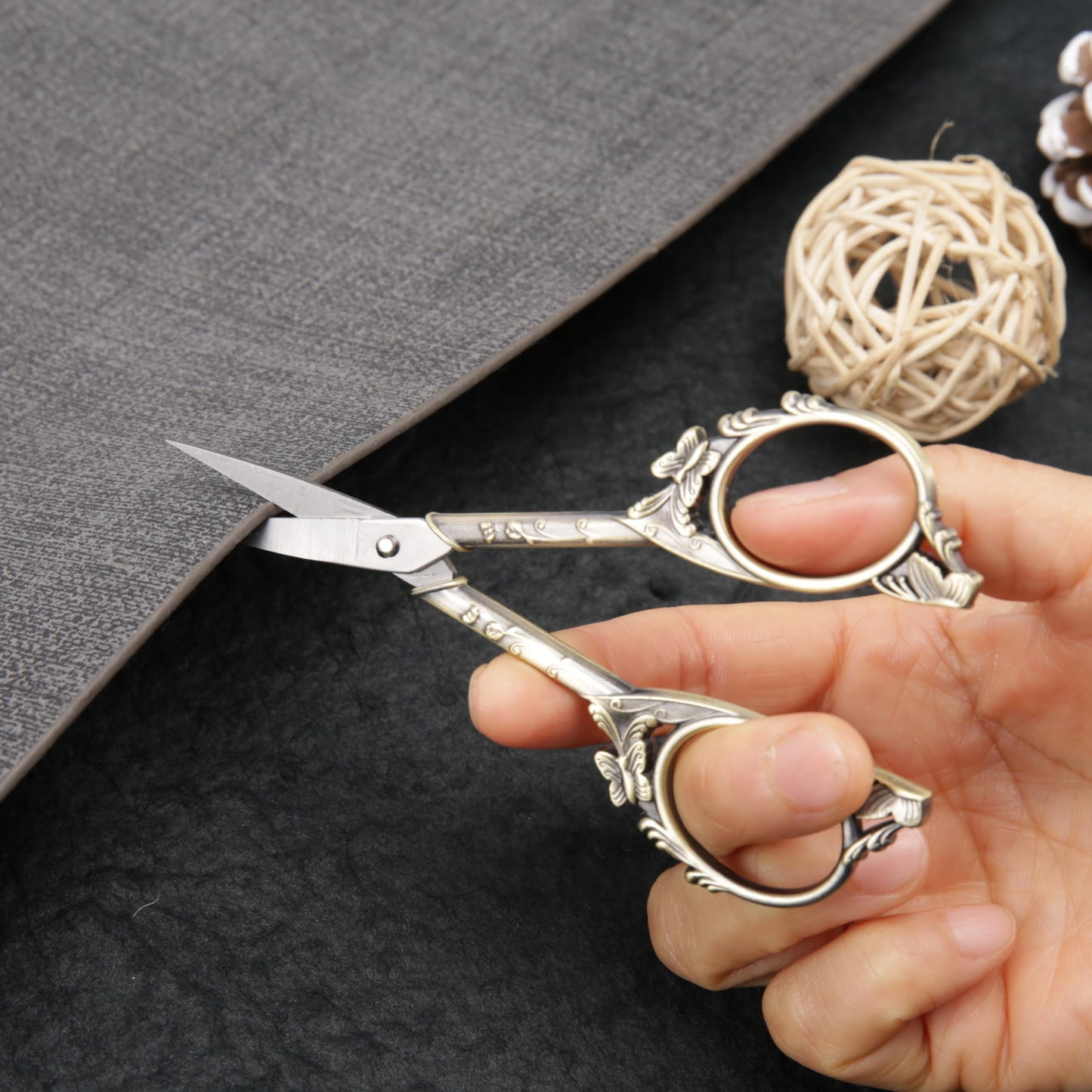 Artistic Vintage Craft Scissors Small 4.6 Inch Sharp Sewing & Embroidery Tool - Engraved Bronze Butterfly Handle, Silver Blade, Pink Polka Dot Case for Crochet, Fabric, Paper, DIY Crafts