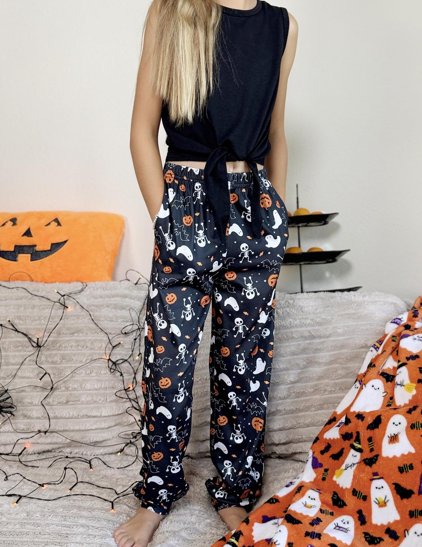 Arshiner Girls Pajama Pants Kids Plaid Pj Pants Comfy Lounge Sleepwear Bottoms with Pockets Black Halloween 11-12 Years