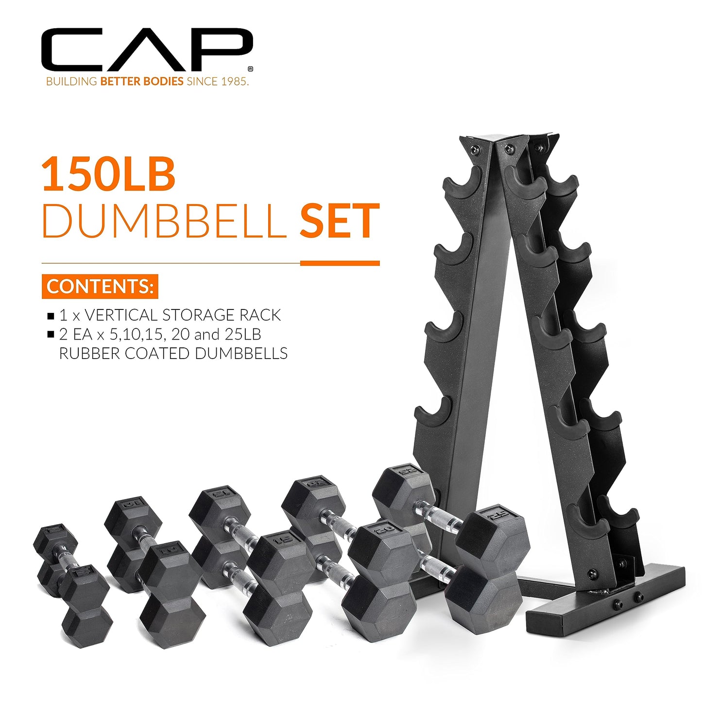 CAP Barbell 150 LB Coated Hex Dumbbell Weight Set with Vertical Rack, White, New Edition