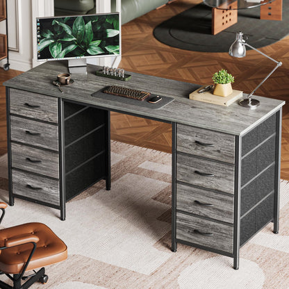 Huuger 54 Inch Computer Desk with 8 Fabric Drawers, Office Desk for Home Office, Study, Gaming Desk with Drawers, Large Storage, Grey