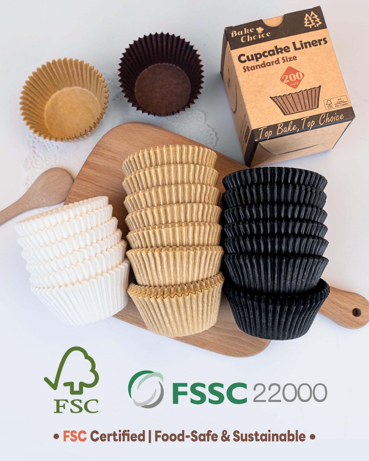 Bake Choice Non-stick 200pcs Standard Cupcake Liners for Baking, Natural, Food-grade Cupcake Wrapper, Greaseproof Parchment Muffin Liners