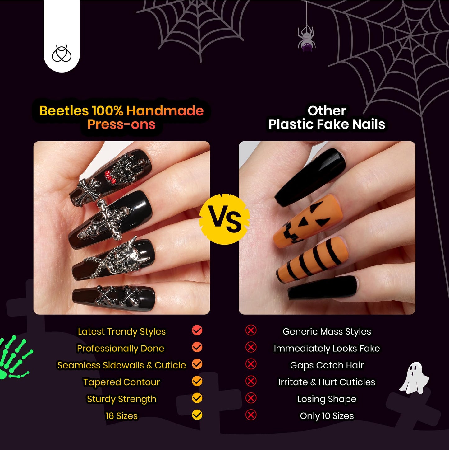 Beetles Halloween Press On Nails - Mystic Glow | Black Long Coffin Halloween Nails | 32Pcs 16 Sizes 3d Skull Cross Design Stick on False Nails With Quick-drying Nail Glue&Cuticle Oill