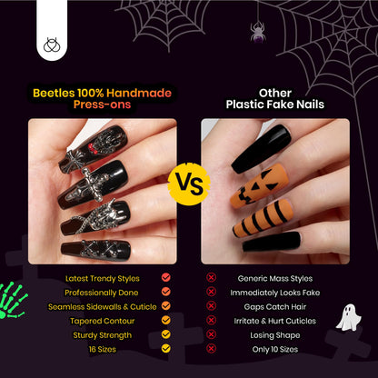 Beetles Halloween Press On Nails - Mystic Glow | Black Long Coffin Halloween Nails | 32Pcs 16 Sizes 3d Skull Cross Design Stick on False Nails With Quick-drying Nail Glue&Cuticle Oill