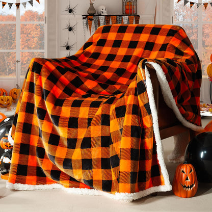 BEAUTEX Halloween Blanket, Sherpa Plaid Throw Blankets Fuzzy Fluffy Cozy Soft Throws, Fleece Flannel Plush Microfiber Blanket Halloween Fall Decor for Couch Bed Sofa(50" X 60", Orange)