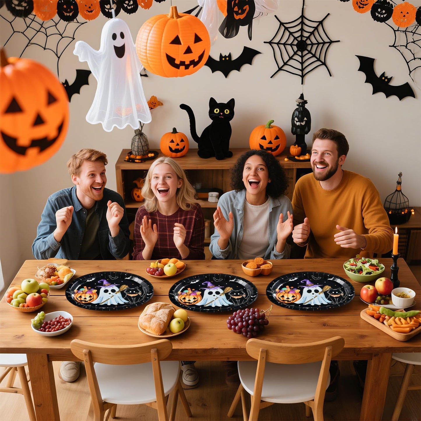 50Pcs Halloween Oval Paper Plates 10" x 12" Large Disposable Heavy Duty Cute Pumpkin Ghost Black Cat Paper Platters Jack-O-Lantern Dessert Plates for Halloween Birthday Holiday Party Supplies
