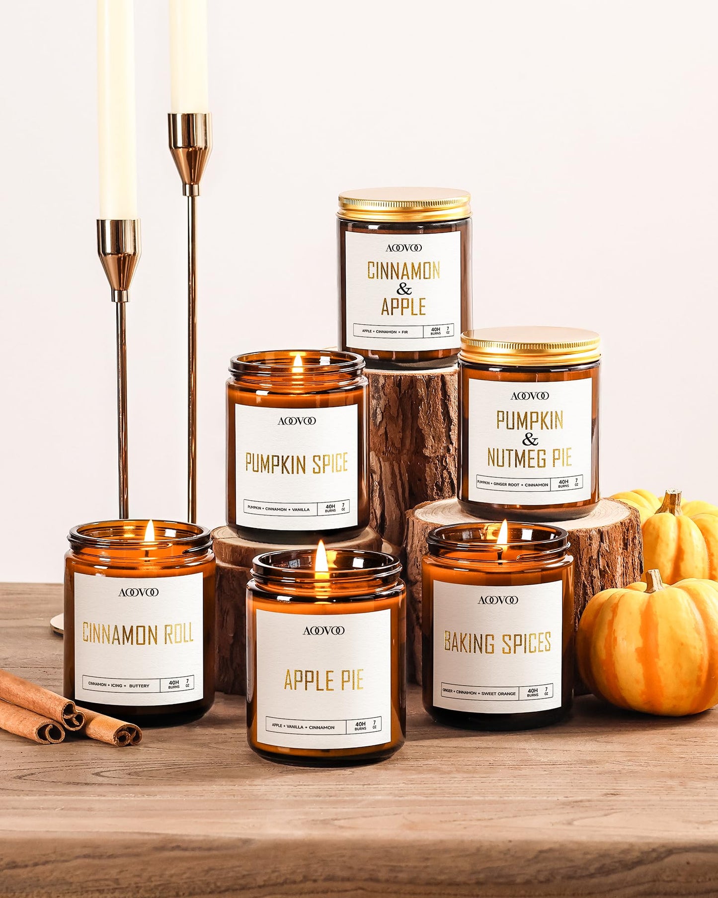 AOOVOO Fall Candles - 6 PC Scented Candle, 42 oz Soy Candles, Soy Candle for Home Scented, Apple Pie/Cinnamon Roll/Cinnamon Apple/Pumpkin Nutmeg Pie/Pumpkin Spice/Baking Spice