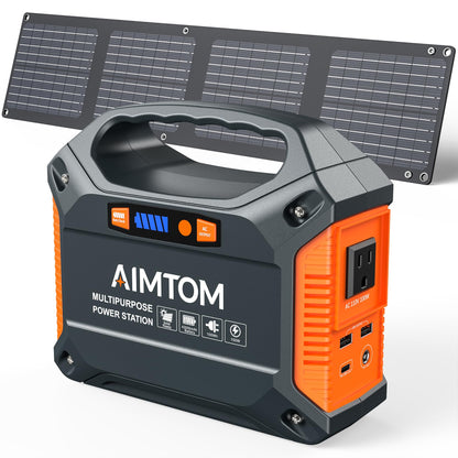 AIMTOM 155Wh Portable Power Station with 30W Solar Panel – 150W Peak/110V AC, 18W USB-C, 2x USB-A & 12V DC – Solar Generator for Camping, Home, RV, Travel & Emergencies