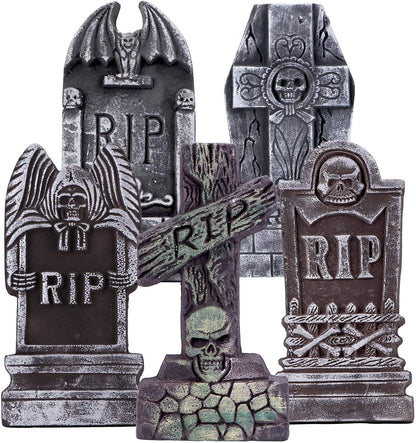 AYOGU 17” Halloween Foam RIP Graveyard Tombstones, 5 Pack Tombstone with 10 Metal Stakes for Halloween Decorations