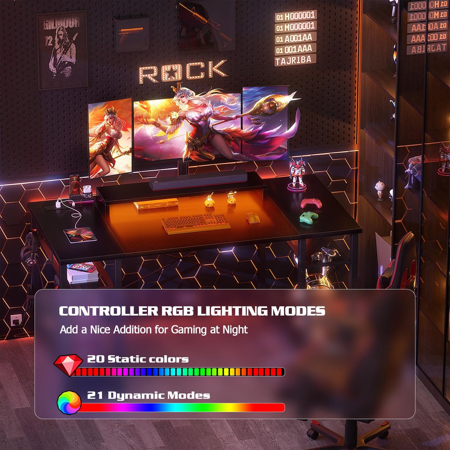 armocity Computer Desk with LED Lights, 48 Inch Reversible Large Desk with Power Outlet and USB, 48'' Gaming PC Table with Moveable Monitor Stand for Home Office, Workstation, Black