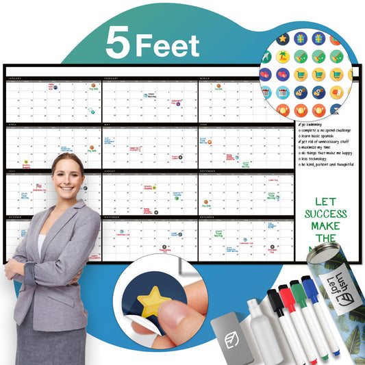 Calendar Whiteboard for Wall, 38" x 68" - Dry Erase, Undated, Yearly, Reusable - 12 Month 2025 Big Calendar for Home, Classroom & Office, Includes Markers, Erasers & Accessories