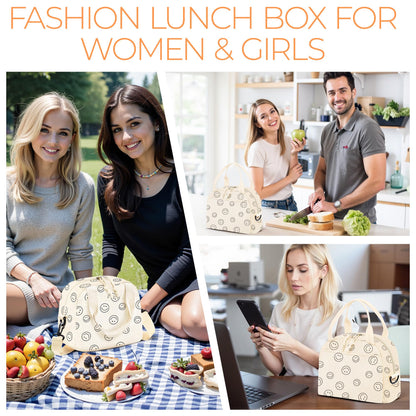 WOBAGMEN Lunch Box for Women,Smiley Lunch Bag Cute Corduroy Insulated Lunch Box With Shoulder Strap for Adult Womens for Work Picnic(smiley)