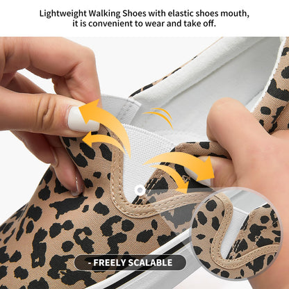 Women's Canvas Slip On Sneakers Fashion Flats Shoes White Canvas Shoes (Leopard, US5.5)