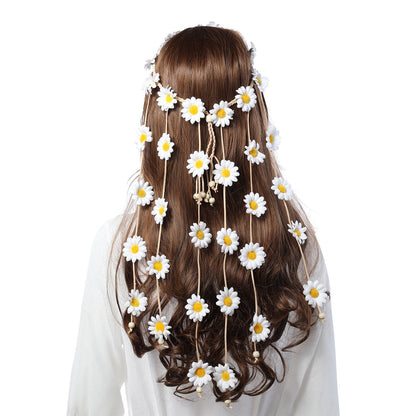 AWAYTR Flower Hippie Headband Floral Crown Behemain Sunflowers Beads Adjust Flower Headdress Hair Accessories (White)