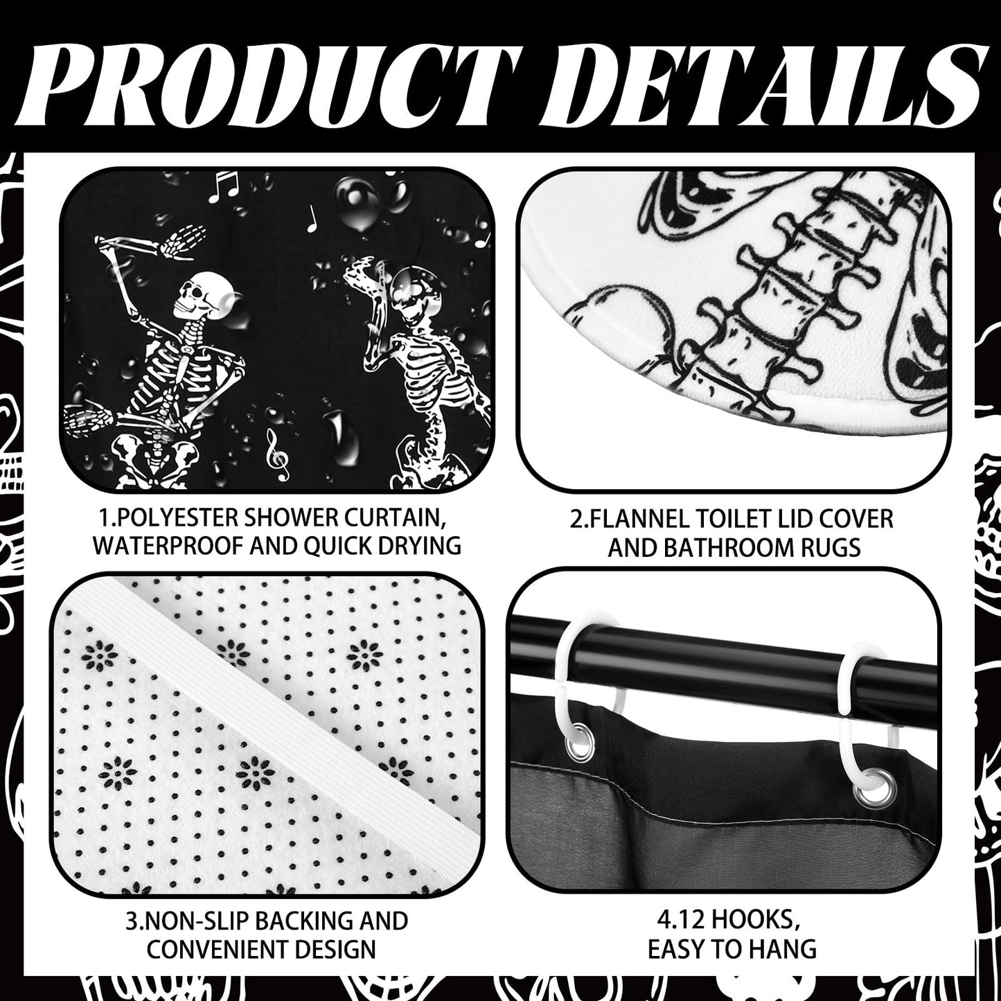 Honoson 8 Pcs Skeleton Shower Curtain Set with Rugs and Kitchen Towels Skeleton Farmhouse Shower Curtain Bathroom Set for Farmhouse Country Summer Halloween Housewarming Gifts Decor