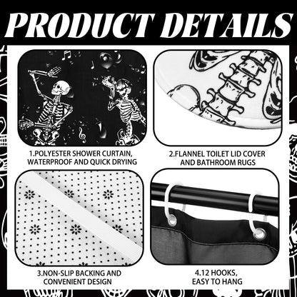 Honoson 8 Pcs Skeleton Shower Curtain Set with Rugs and Kitchen Towels Skeleton Farmhouse Shower Curtain Bathroom Set for Farmhouse Country Summer Halloween Housewarming Gifts Decor