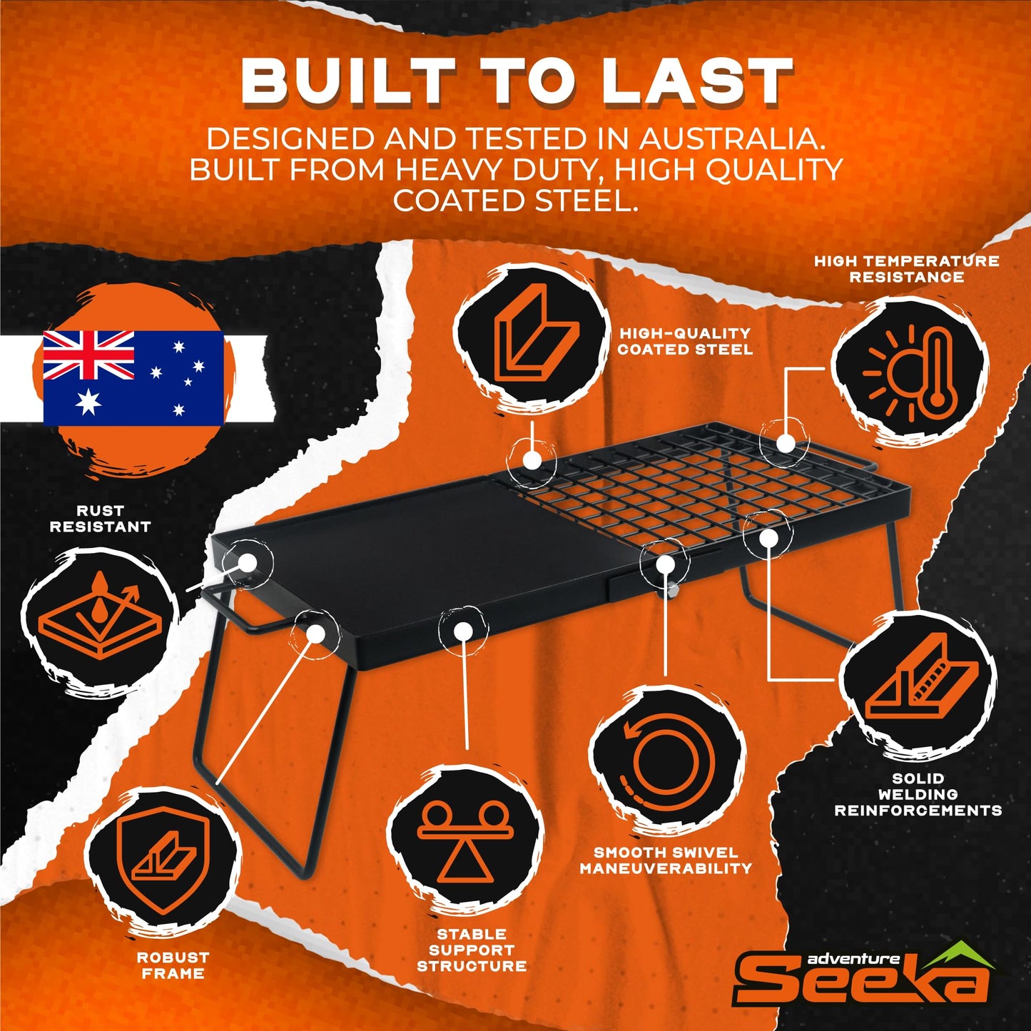 Adventure Seeka 24" Heavy Duty Folding Campfire Grill, Food-Safe Cooking Surface, Compact Folding Design, Portable Grill Grate & Griddle for Campfire Cooking, Australian Designed & Owned