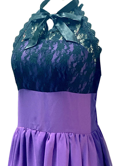 Women's Sleeveless Gothic Lace Dress with Corset Halter Lace Swing Cocktail Dress Purple Small
