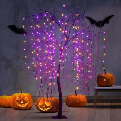 7 FT Halloween Lighted Willow Tree 256 LED Orange and Purple Lights Artificial Weeping Willow Tree with 6 Spiders Outdoor Indoor Decoration Christmas Festival Party Home Decor
