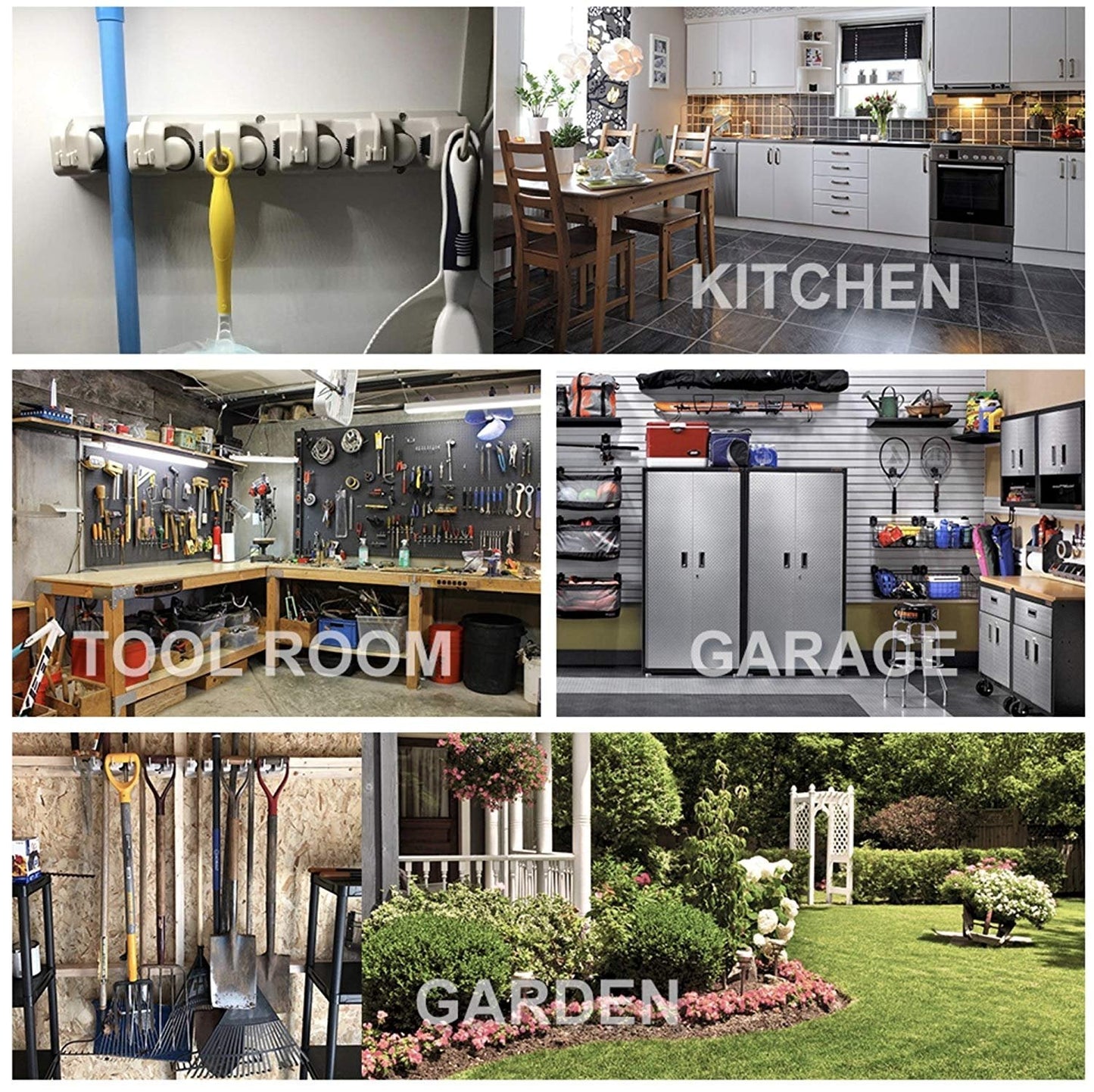 IMILLET 2 Pack Mop and Broom Holder, Wall Mounted Organizer Mop and Broom Storage Tool Rack with 5 Ball Slots and 6 Hooks (Black)