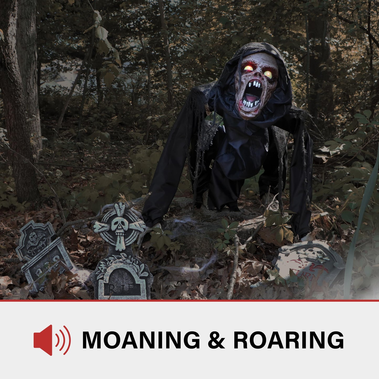 Haunted Hill Farm Scary Crouching Zombie, Halloween Animatronic with Touch Activated Lights and Sounds, Battery Operated Indoor or Covered Outdoor Halloween Decorations, Creepy Halloween Props