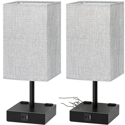 Bedside Table Lamps Set of 2 - Touch Nightstand Lamp for Bedroom with USB C+A Charging Ports & AC Outlets, 3-Way Dimmable Desk Lamp Grey Fabric Shade for Bedroom Living Room, Office(Bulb Included)