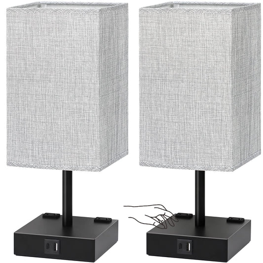 Bedside Table Lamps Set of 2 - Touch Nightstand Lamp for Bedroom with USB C+A Charging Ports & AC Outlets, 3-Way Dimmable Desk Lamp Grey Fabric Shade for Bedroom Living Room, Office(Bulb Included)