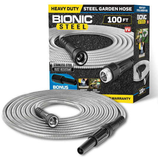 BIONIC STEEL 100 Ft Metal Garden Hose with Sprayer Nozzle, Non Kinking Designed Stainless Steel Heavy Duty Water Hose 100 Ft x 5/8 in. Flexible NON Expandable for Uninterrupted Water Flow, 500 PSI