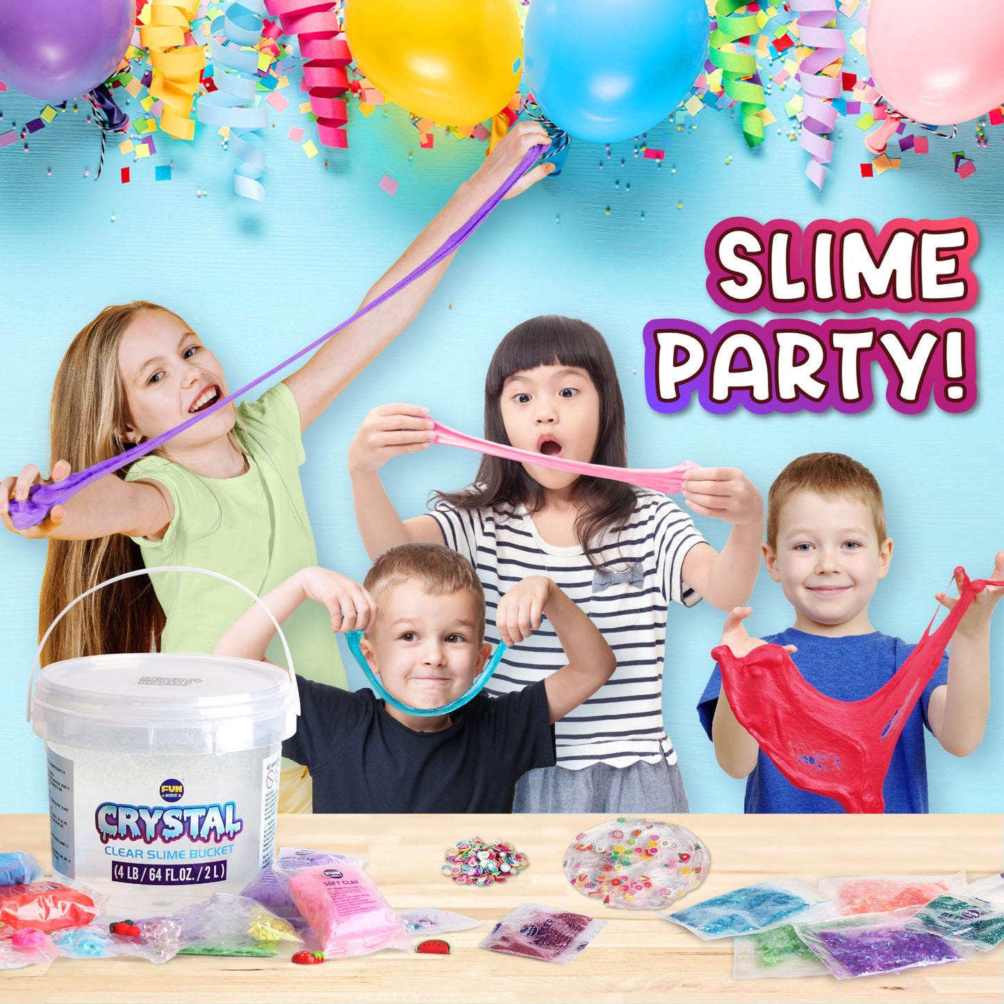 4 LB Huge Glassy Clear Slime Bucket Toy for Kids, FunKidz 64 FL OZ Premade Big Crystal Slime Pack Gift with 29 Sets Add-ins Jumbo Slime Kit for Girls Boys Party Present