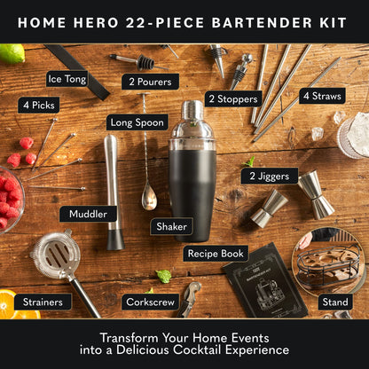 Home Hero Elegant Bartender Kit with Wooden Stand, Premium Bar Set & Cocktail Shaker, Gift for Home Bar and Cocktail Enthusiasts, Essential Bar Accessories with Recipe Book (22 Pcs - Silver)