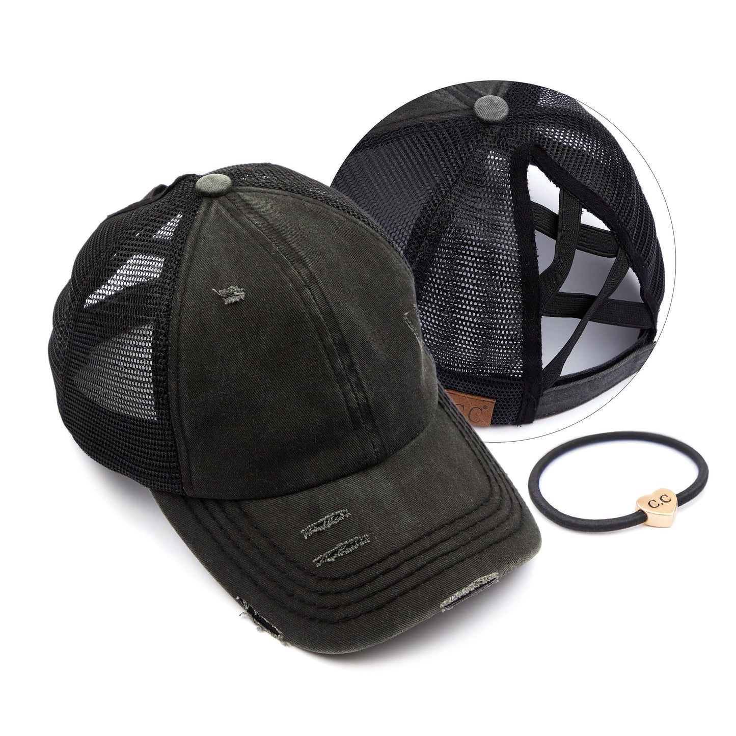 C.C Exclusives Washed Distressed Cotton Denim Criss-Cross Ponytail Hat Baseball Cap Bundle Hair Tie (BT-780) (Black)