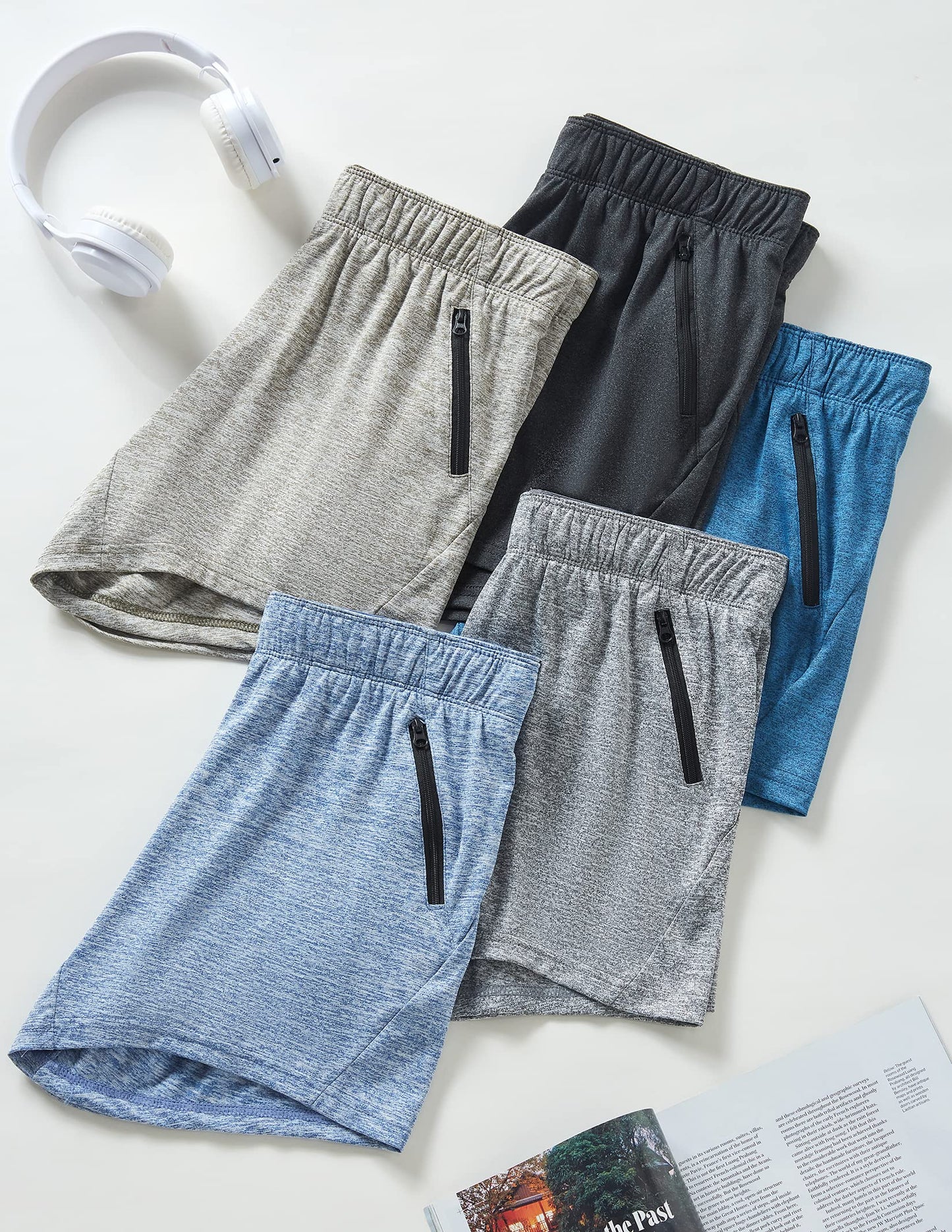 5 Pack: Womens Workout Gym Shorts Casual Lounge Set, Ladies Active Athletic Apparel with Zipper Pockets (Set 2, Medium)