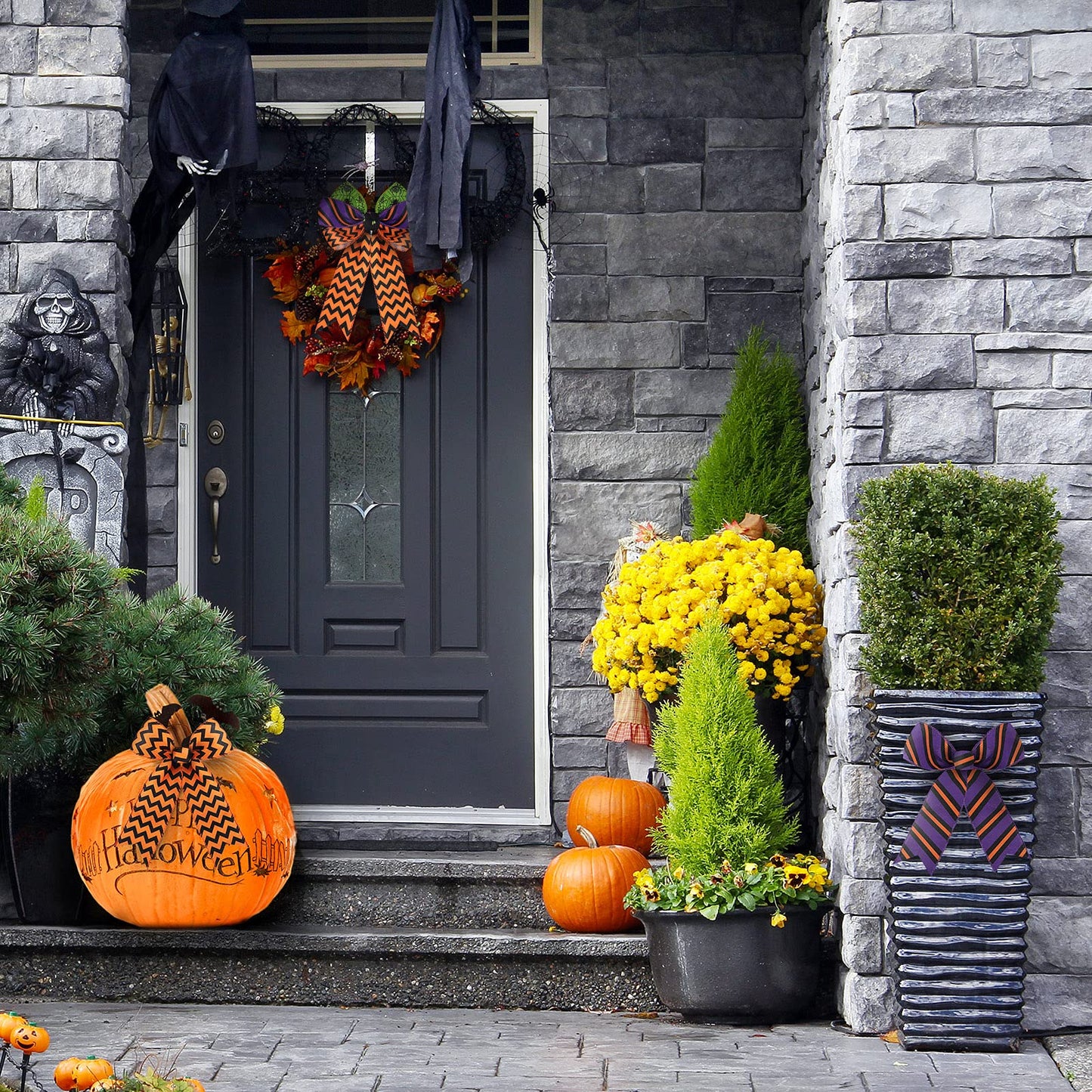 4 Rolls 20 Yards Halloween Wired Edge Ribbon Spider Web Printed Grosgrain Ribbons Halloween Theme Holiday DIY Craft Wrapping Ribbon for Home Party Decor